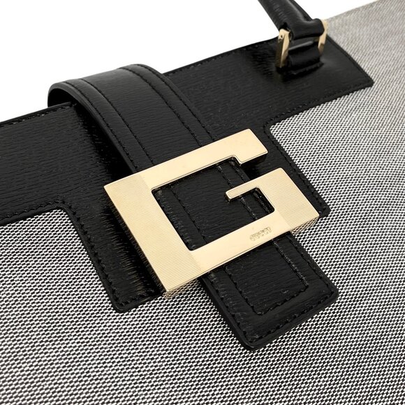 GUCCI Vintage G Square Logo Shoulder Bag Gray Black Cotton Leather [103945] - Picture 8 of 12